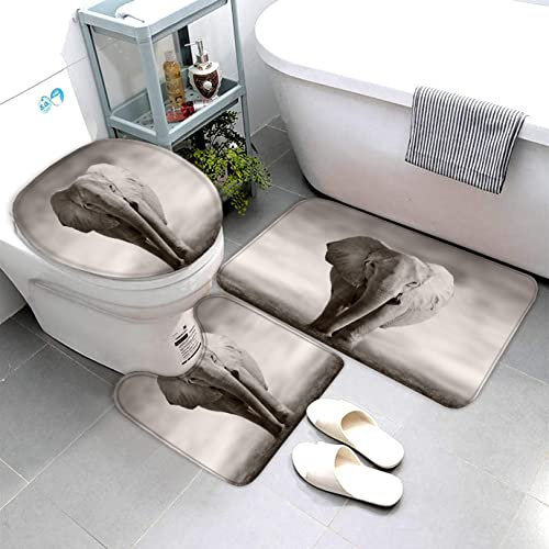AOLIGL Badematte Elefant Tier Schwarz Und Weiß Badematten Set rutschfest Waschbar Badgarnitur 3teilig - WC Deckelbezug U-förmigen Contour Badezimmerteppich Matte Flauschige Mikrofaser