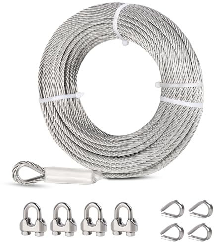 hannger Cable Acero 6mm, 15m Cable de Acero Inoxidable, 7 x 19 Hebras Cable Principal Zipline con 4 Abrazaderas y 4 Dedal, para Teleféricos, Luces para Exteriores