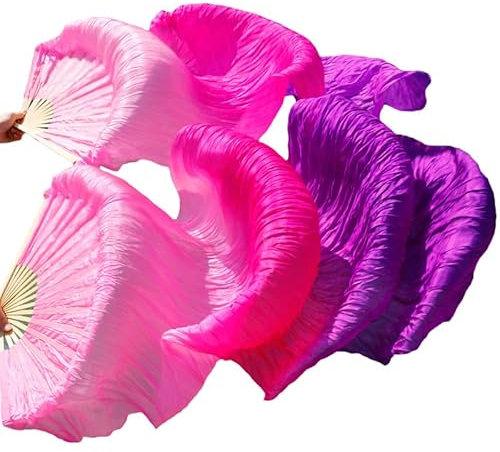 SNOWAQUA Bauchtanz Seidenschleier, 1 Paar natürliche Seide Bambus lange Fächer Schleier, handgefertigte Bauchtanztanz-Seidenfächer, Tanzaufführung (180 x 90 cm, H)