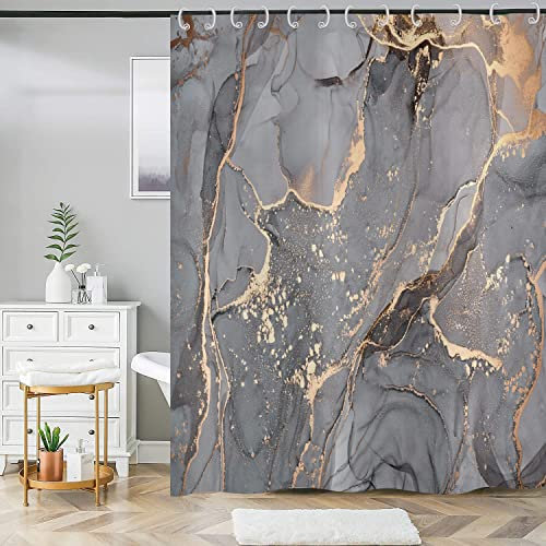 ASDCXZ Duschvorhang Grau Gold Marmor 180x220 cm, Modern Abstrakt Grau Gold Schwarz Marmor Optik Textur Waschbar Bad Duschvorhänge Polyester Textil Wasserdicht Duschvorhang für Badewanne mit 12 Hake