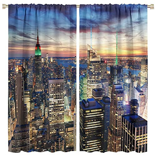 Moderne New York Verdunkelungsvorhänge, NY City Landschaft bei Sonnenuntergang Morgendämmerung, USA, Wolkenkratzer, Gebäude, Fenster, Tür, Vorhänge für Schlafzimmer, Wohnzimmer, Büro, Dekor, B 106 x L