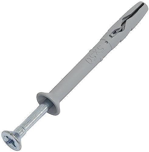 AERZETIX - C67155 - Juego de 100 Tacos clavos Ø5x50mm con brida biselada en polietileno + 100 clavos-tornillos Ø3.5x55mm con cabeza fresada PZ2 en acero - para golpear - estructura metálica hormigón