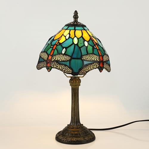 FUMAT Tiffany Tischlampe, Retro Lampe, Kleine Nachttischlampe, Deko Tischleuchte, Glas Lampenschirm, Mit E27 LED Glühbirne, für Schlafzimmer Wohnzimmer Büro