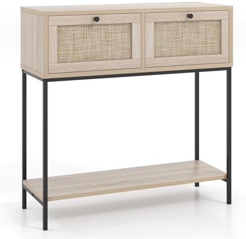 COSTWAY Console Table, Slim Entryway Table Sofa Side Table with 2 Rattan Drawers & Open Storage Shelf, Metal Frame Wooden Behind Couch Accent Table for Hallway, Foyer and Living Room, 80x30x80cm