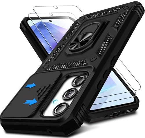 Kameraschutz Handyhülle für Samsung Galaxy A55 Hülle mit Displayschutz*2 pcs, 360 Grad Magnet Metall Ring Halter Galaxy A55 5G Tasche Case Militär Stoßfest Schutzhülle für Samsung A55 Handy (Schwarz)