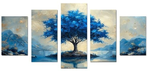 JOSUE 5 pezzi Albero Della Vita Albero blu astratto Stampe E Quadri Su Tela,Blu Quadri Decorazioni Soggiorno Sala Da Pranzo Bar-50x100cm Non incorniciato