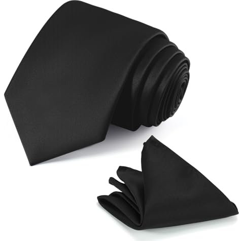 JUNMEISI Krawatten-Set für Herren, einfarbig, 8 cm, schwarze Krawatte und Einstecktuch, Schwarz, Schwarz, Medium