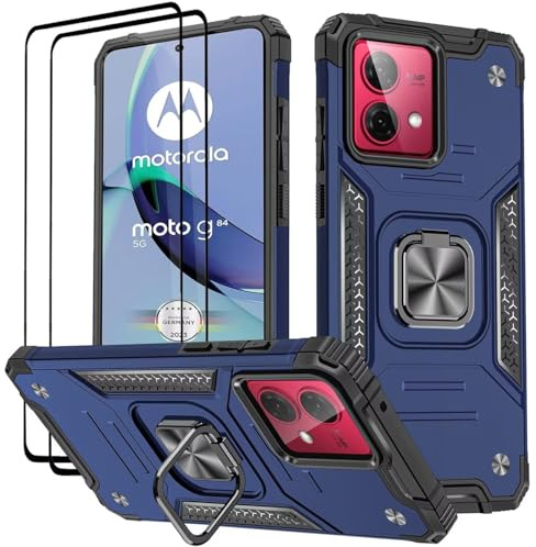 KANSi Hülle für Motorola Moto G84 / G84 5G, Schutzfolie [2 Stück] Silikon TPU Hart PC Handy Hüllen 360 Grad Drehbar Ringhalter Bumper Stoßdämpfung Schutzhülle - Blau