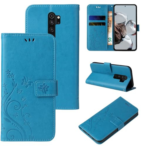 LBH Handy Hülle für Xiaomi Redmi Note 8 Pro Case Handytasche Schmetterling Blumen Flower Standfunktion Schutzhülle Magnet Rundum Schutz 360 Grad Flipcase Cover Blau
