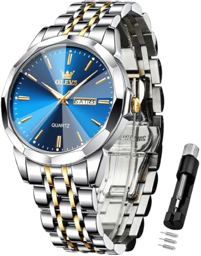 OLEVS Herrenuhren mit Datum Kalender Geschäft Quarz Armbanduhr Analog Edelstahl Wasserdicht Leuchtend Zwei-Farbig Casual Armbanduhr