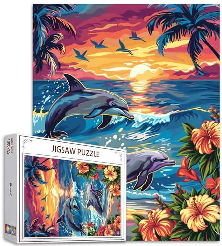 Seascape Jigsaw Puzzles 1000 Stücke für Erwachsene, Familien (Delphin, Vögel, Sonnenuntergang, Blumen, Kokosnussbaum) Stücke passen perfekt zusammen Leistung Ozean Frameable Magic Puzzle Art(Blue)