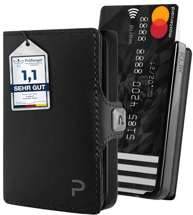 PURISTO KLIK Minimal Slim Wallet - Mini Portemonnaie und Geldbörse für Herren aus veganem Leder - Kleines Kartenetui mit RFID Schutz für 6-8 Karten - Schwarz Vegan
