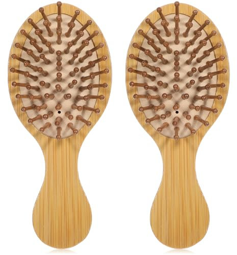 HJZHII 2 Stück Bamboo Haarbürste Klein,Mini Haarbürste für Haarwachstum,Kopfhaut Massagebürste Bambus Bürste Kleine Bambusbürste Kopfhautbürste Mit Griff Design für Frauen Antistatische