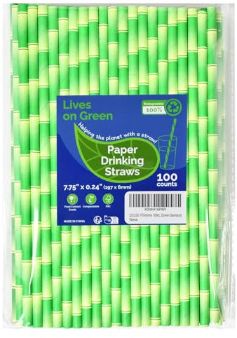 Lives on Green Pailles en papier pour boire Bambou vert, 7.75« x 0.24 » - pour cocktail, jus de fruit, thé glacé, 100% biodégradable