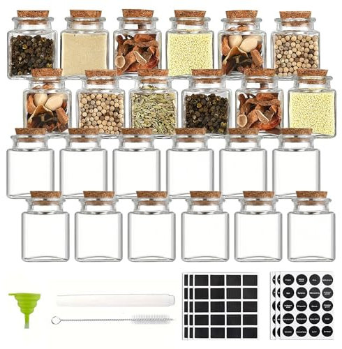 ZhouZGlass 24 PCS Glass Favor Jars with Cork Lids, 1.75 OZ Mini Square Vials Bottles for Herb Storage, Small Spice Containers for Tea, Jelly, Candy, Potions, Wedding & Party Favors, DIY Crafts