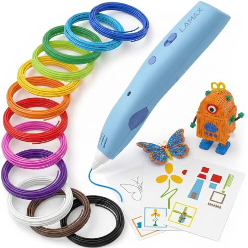 LAMAX ArtKid1 Lápiz 3D para niños – Inalámbrico con TouchSafe, 37 m de filamento PCL en 12 colores, USB-C, 2 velocidades, 2 niveles de temperatura, regalo creativo para niñas y niños (Azul)