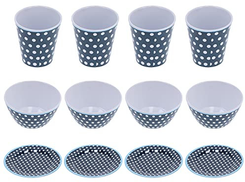 Dark Blue Dot Dut Tares Set, 12pcs Melamin -Tabellengeschirr, Anti -Drop- und Anti -Verbringung, elegantes Design für Heimrestaurant, umfasst 4 Tassen, 4 Schalen, 4 Teller