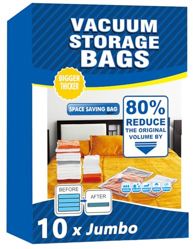 Vacuum Storage Bags - 10 Pack Jumbo (80X100cm) Space Saver Sealer Compression Bags, Reusable Vacuum Bags for Storage Clothes, Duvets, Bedding, Quilts, Pillows, Blankets, Travel