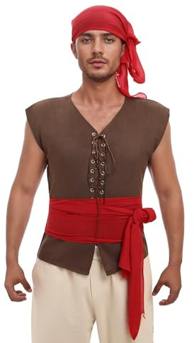 Odizli Piratenkostüm Herren Mittelalter Wikinger Weste + Kopftuch + Gürtel Halloween Karneval Pirat Kostüm