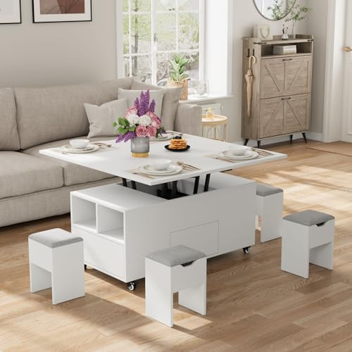 VOWNER Table Basse Relevable Extensible 106x106cm Blanc | 3-en-1 multifonctionnelle transformable en table à manger avec tiroir et 4 tabourets