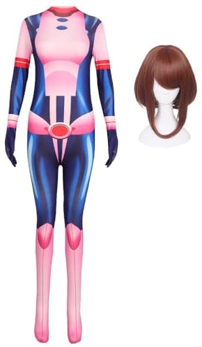 Zhongkaihua MHA - Completo per cosplay di Uraraka Ochako, con body rosa di Uraraka Ochako, set con parrucca, per Halloween, carnevale, feste per adulti