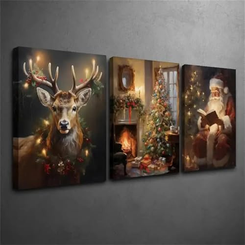 TROYSINC 3er Weihnachtlicher Poster Set, Weihnachtliches Triptychon mit Rentier, Weihnachtsmann & Kamin-Szene, Festliche Wanddekoration für Wohnzimmer & Schlafzimmer (40x50cm)