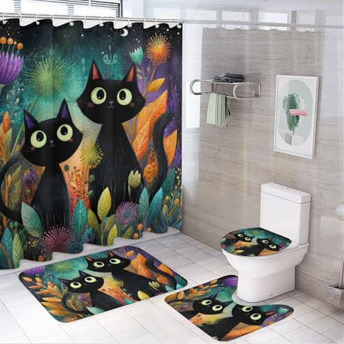 LUYYSKY Schöne lustige schwarze Katze, 4-teiliges Duschvorhang-Set, klassisch, abstrakt, Nachthimmel, Tiere, Katzen, Pflanzen, Blumen, Badezimmer-Set mit rutschfesten Teppichen, WC-Deckelbezug und