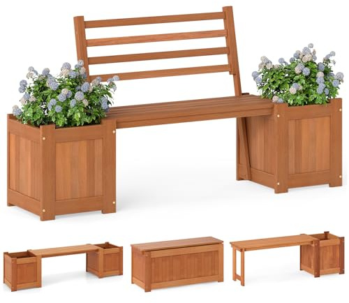 COSTWAY Blumenkasten mit Gartenbank, Sitzbank mit 2 seitlichen Pflanzkästen, 2-Sitzer Holzbank aus Hartholz, Bank mit Rücklehne, bis 150kg, für Garten Balkon Terrasse Outdoor, 172 x 46,5 x 91cm, Natur