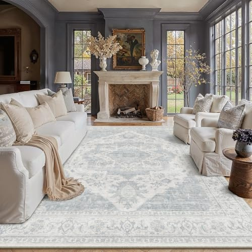 PureCozy Vintage Blau Teppich Wohnzimmer 200x300cm Waschbarer Teppiche | Wohnzimmerteppich,Rutschfest Waschbar Carpet,Groß Carpets,Bettvorleger,Küche,Büro,Schlafzimmer,Esszimmer,Kurzflor Rug
