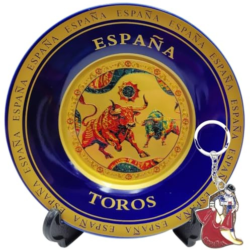 Plato Decorativo España Toros + Llavero de Torero | Pack Souvenir Recuerdo de España con Gancho para Colgar en la Pared y Soporte de Sobremesa | Tradición Española y Coleccionismo (Toros)