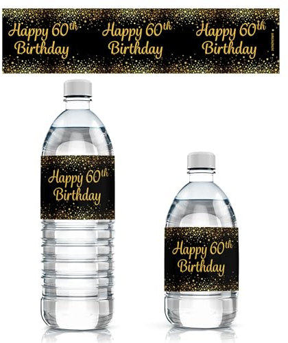 Etiketten für Wasserflaschen, 60. Geburtstag, Schwarz/Gold, 24 Stück