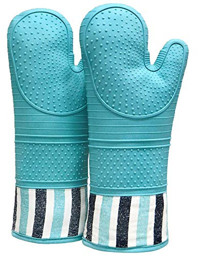 RED LMLDETA Heat Resistant 550 Degree Oven mitt, Silicone Oven Hot Mitts - 1 Pair, Extra Long Professional Baking Oven Gloves - Food Safe,Pot Holders Cooking,Grilling,Kitchen (Blue Mittens)