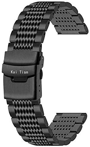 Kai Tian Premium 20mm Schwarz Edelstahl Uhrarmband Mesh Uhrenband Doppelschlösser Faltschließe Armbanduhr Ersatz Metall Armband für Damen Herren