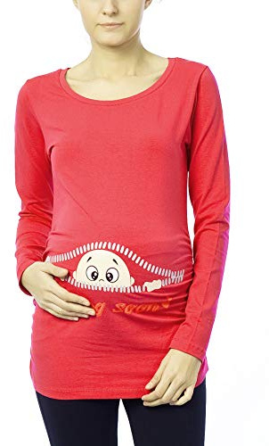 M.M.C. Coming Soon - Lustige witzige süße Umstandsmode Umstandsshirt Sweatshirt Schwangerschaftsshirt mit Motiv für die Schwangerschaft, Langarm (Koralle, Small)