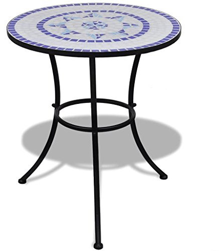Tidyard Tisch Mosaiktisch Gartentisch Bistrotisch Balkontisch mit Eisenrahmen, Blau+Wei?, Rund, 60 x 70 cm (? x H)