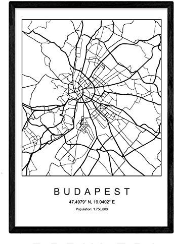 Nacnic Karte der Stadtplan Budapest Nordic-Stil in Schwarzweiss. Poster A3 Größe mit schwarzem Rahmen gedruckt Papier 250 gr. Bilder, Bettwäsche und Poster für Salon und Schlafzimmer