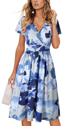 OUGES Damen Sommerkleid Kurzarm V-Ausschnitt Knielang Blumenmuster Midi Kleid mit Taschen(Floral16, XL)