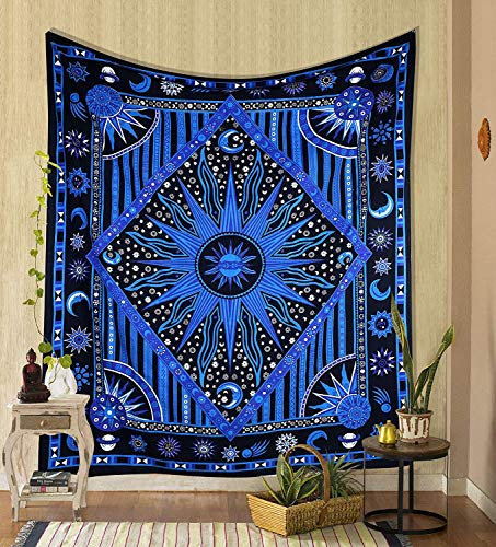 THE ART BOX Indie Wandteppich Baumwolle Mandala Wandbehang Deko Teppich Aesthetic Room Decor Dekoration Wohnzimmer Indische Tücher Schlafzimmer Deko, Blau, 135x160 Cm