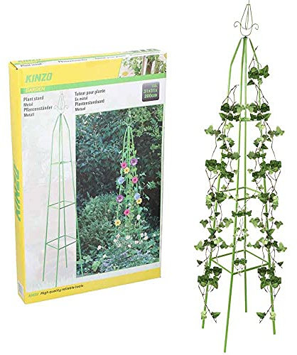 BAKAJI Rattan-Ständer für Blumen und Pflanzen, aus Metall, grün, Größe 200 x H 31 cm, Form Obeliskus, Pyramide, Zubehör für den Garten, Dekoration für den Außenbereich