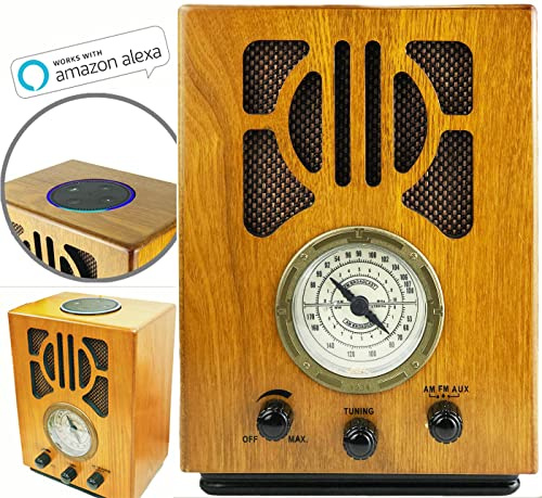 Steepletone NR880LXA, Compatible with Amazon Alexa Echo Dot Gen3, Voice Activation. Wood Nostagic Retro 1930s Church-Style MW/FM Radio, Illuminated Dial, Rotary Controls, Aux In, Mahogany (WITH DOT3)