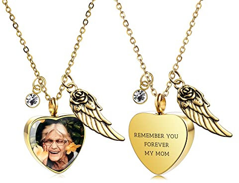 OTXIXTO Personalisierter Engelsflügel-Anhänger Herz-Urne Halskette Gravur Foto/Name für Männer Frauen Mädchen mit Geburtsstein Edelstahl Haustier menschlicher Gedenk-Andenken Einäscherungs(Gold)