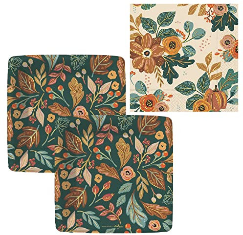 Autumn Floral Leaf Themed Party Supplies | Bundle Includes Paper Dessert Plates & Napkins for 16 People | Colorful Sage and Pumpkin Design in the Colors of Fall