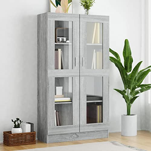Festnight Vitrinenschrank Bücherschrank Mit Glastüren Aktenschrank Glastür Glasvitrine Stehend Vitrine Schrank Grau Sonoma 82,5x30,5x150 cm Holzwerkstoff