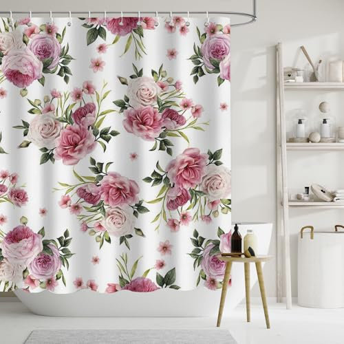 APROPHIC Rideau de Douche Fleurs Rideaux de Douche 180 x 180 Rideau Salle de Bain Fleur Rose Rideau Baignoire Lavable Plantes Rideau Douche Tissu avec 12 Crochets