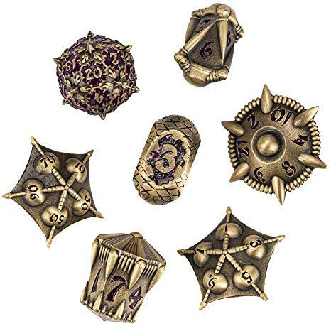 cusdie Metall DND Würfel Set, 7 Stück DND Metallwürfel, Drachen Design Polyedrische Würfel Set, für Rollenspiel D&D Würfel (Alte Bronze mit lila Zahlen)