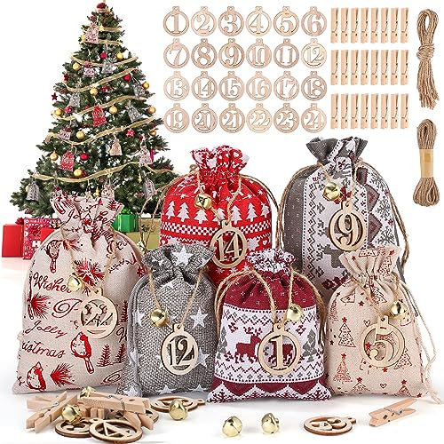 DazSpirit 24 Adventskalender zum Befüllen und Aufhängen, DIY Adventskalender Stoffsäckchen mit Holzklammern, Hanfseil, Glocken und Holzzahlen, Weihnachtskalender Selberfüllen für Kinder und Erwachsene