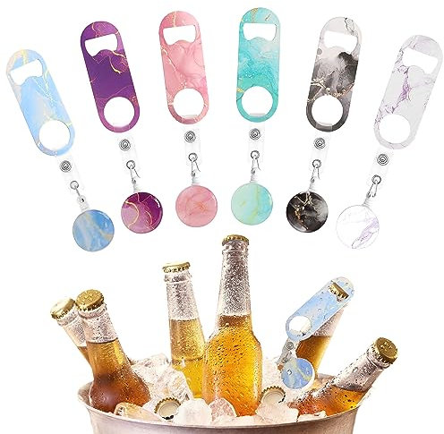 6 PCS Flat Bottle Opener, Mini Retractable Stainless Steel Beer Opener with Round Badge Flat Beer Bottle Opener with Belt Clip for Kitchen Restaurant Party 3.54 x 1.18