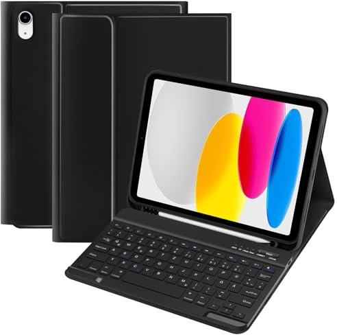 TQQ Hülle mit Tastatur für iPad A16 11 Generation 2025/10 Generation 2022(11/10.9 Zoll), Abnehmbare Kabellose Bluetooth Tastatur Schutzhülle für iPad 11. /10. Gen, QWERTZ Deutsches Layout