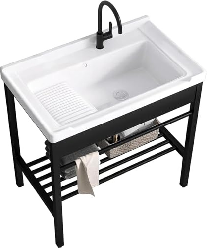 Freistehende Spülbecken für eine Waschküche, Waschbecken mit Waschbrettset, mit Halterung für Warm- und Kaltwasserhähne und Abflussset, Garage, Keller, Außen- und Innenbereich,61x48x83cm