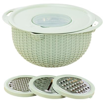 Katolang Scolapasta multifunzione 4-1 con ciotola per mescolare, in acciaio inox, con 3 lame da taglio, per la pulizia della frutta, affettatrice e detergente verde